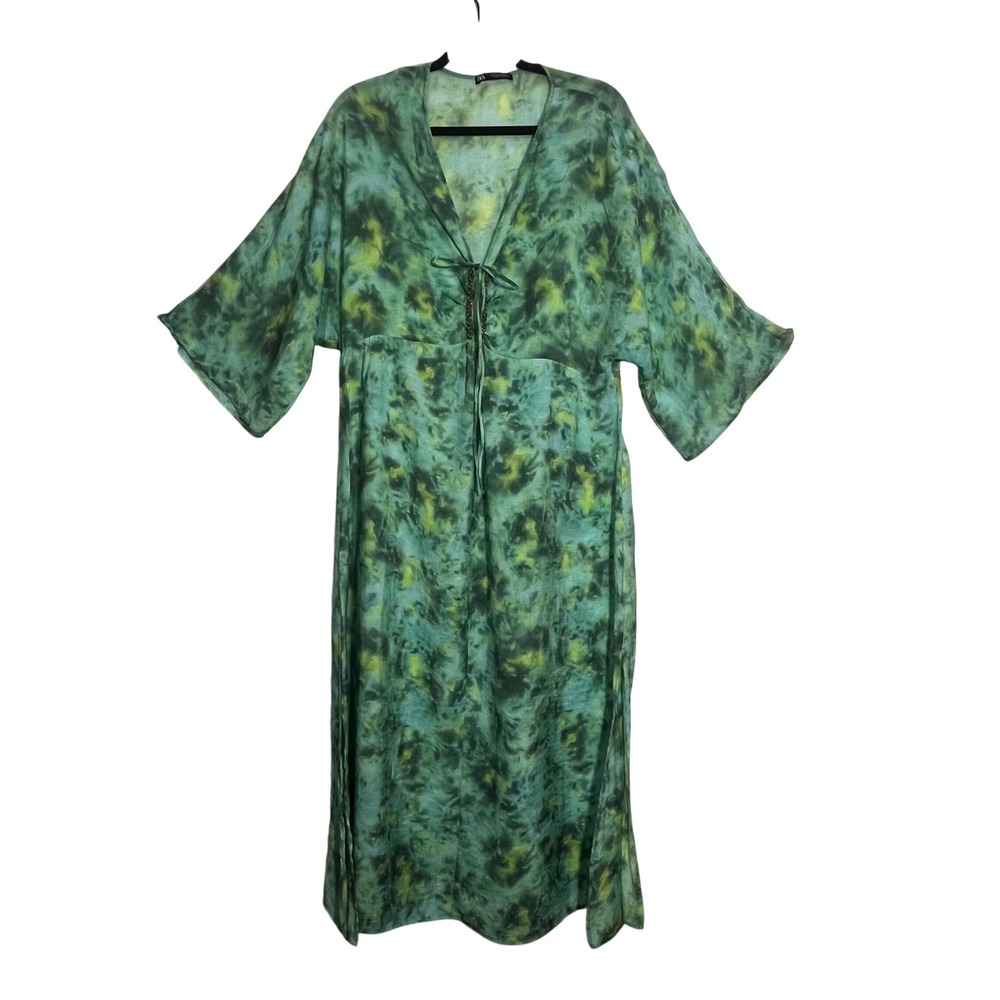 Zara‎ Tie Dye Midi Dress Women's Green Beaded V-Neck Kimono Sleeve Size M
